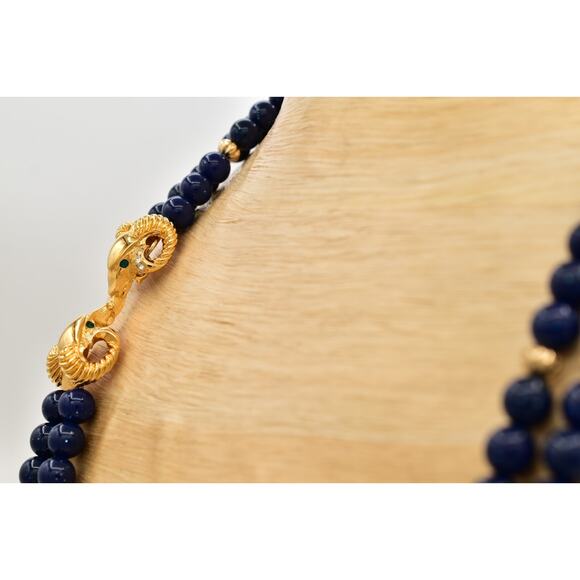 KJL Avon Vintage Beaded Necklace Ram Gold Navy Blue Beaded Chunky Signed Bin6B - Picture 10 of 12